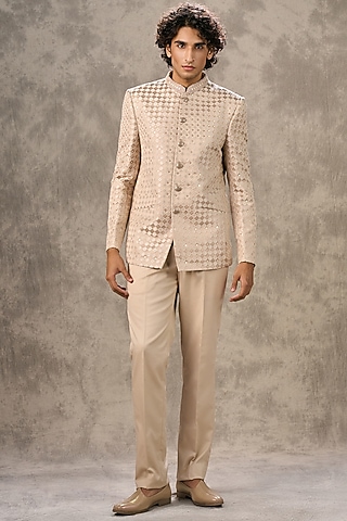 Fawn-Colored Art Silk Sequin Embroidered Jodhpuri Set by Twamev