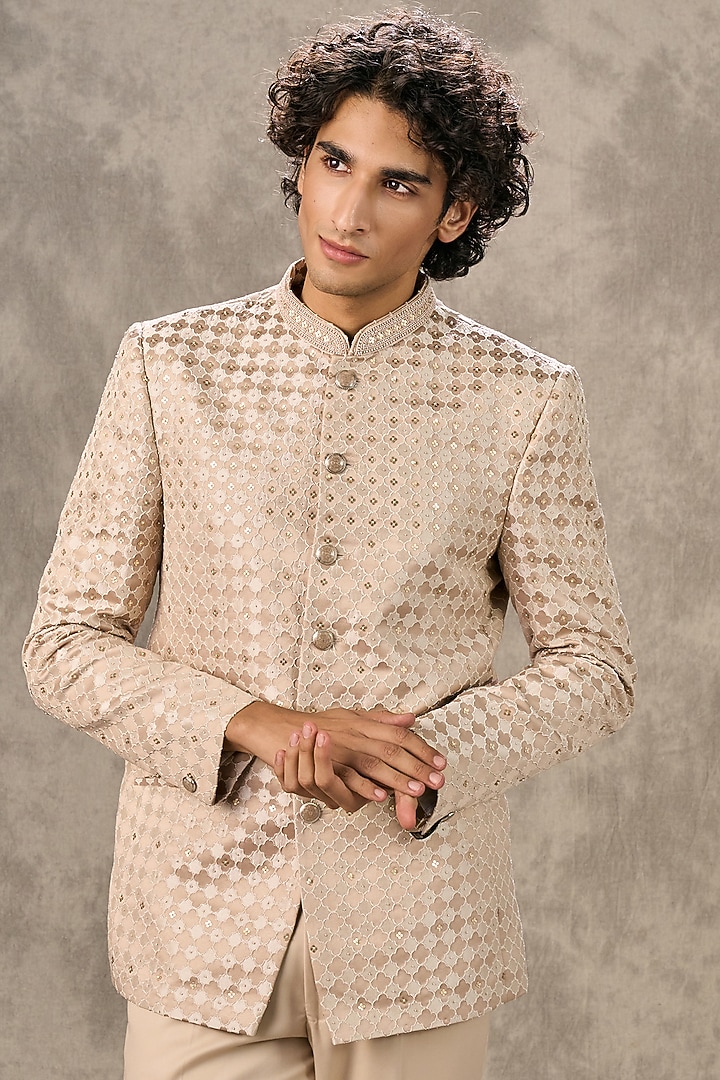 Fawn-Colored Art Silk Sequin Embroidered Jodhpuri Set by Twamev at Pernia's Pop Up Shop