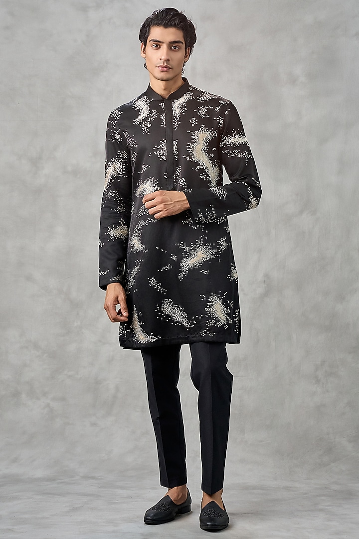 Black Satin Thread Embroidered Kurta Set by Twamev at Pernia's Pop Up Shop