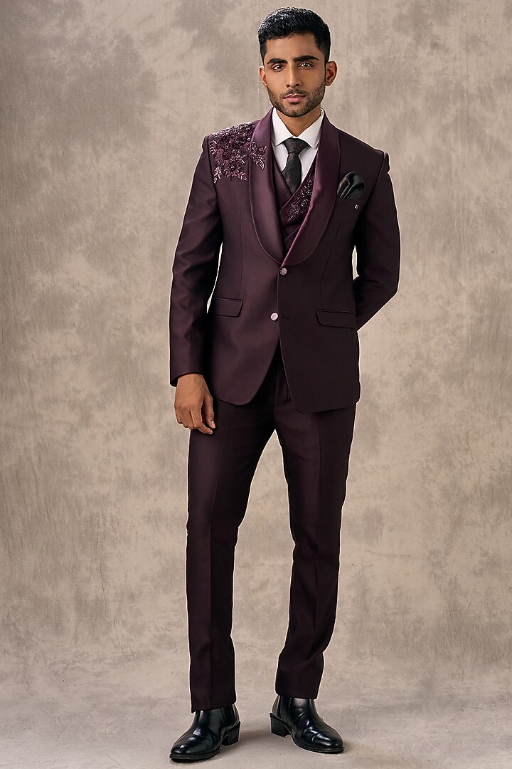 Wine Blended Rayon Beadwork Blazer Set by Twamev at Pernia's Pop Up Shop