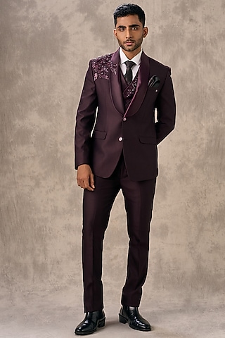 Wine Blended Rayon Beadwork Blazer Set by Twamev