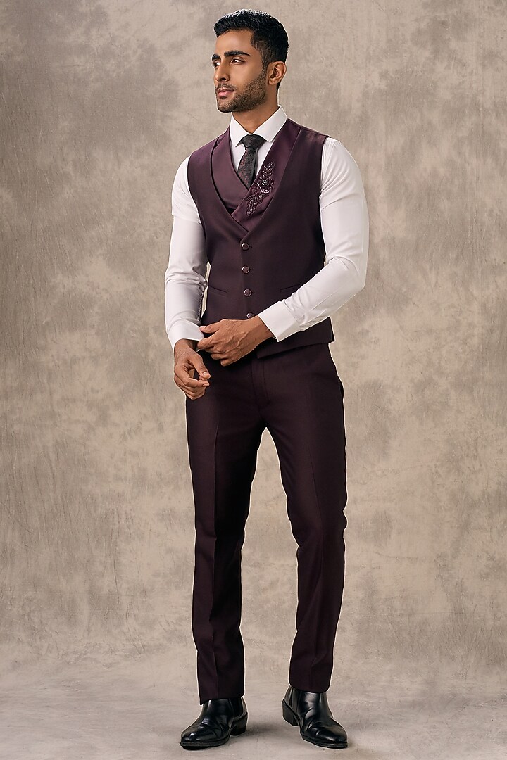 Wine Blended Rayon Beadwork Blazer Set by Twamev at Pernia's Pop Up Shop