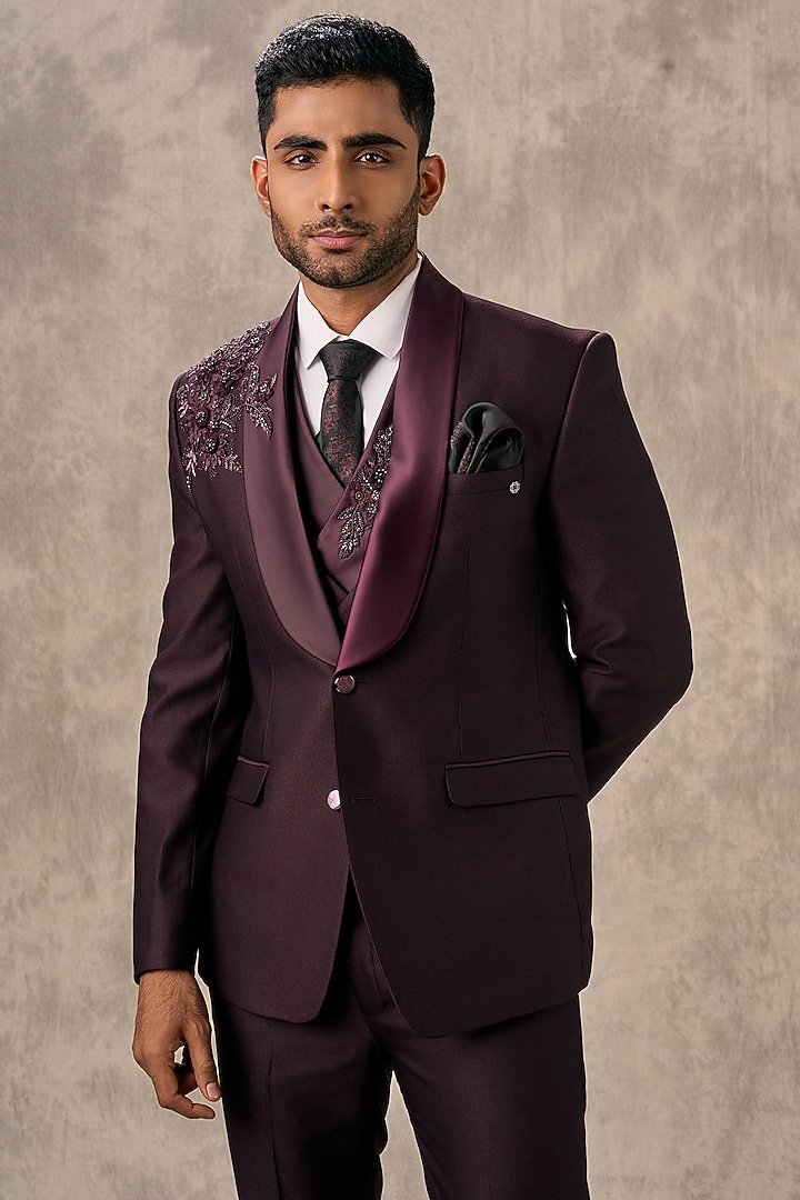 Wine Blended Rayon Beadwork Blazer Set by Twamev at Pernia's Pop Up Shop