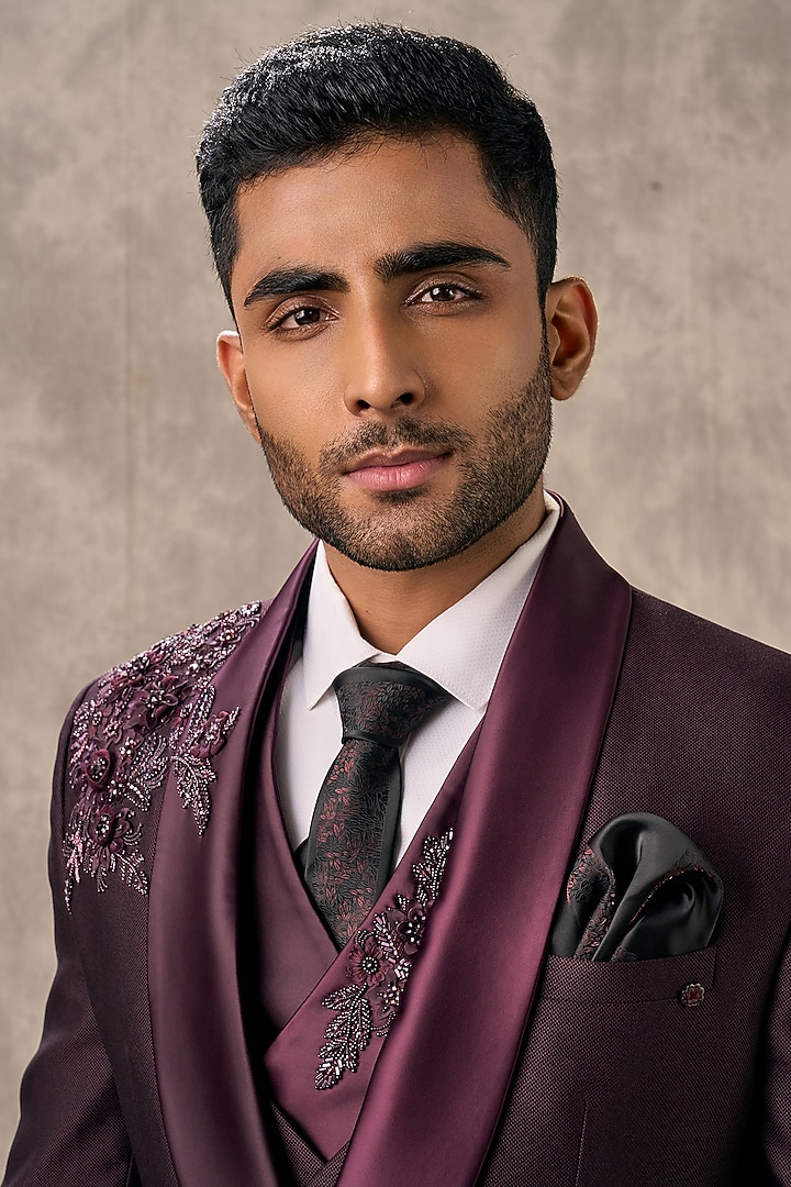 Wine Blended Rayon Beadwork Blazer Set by Twamev at Pernia's Pop Up Shop