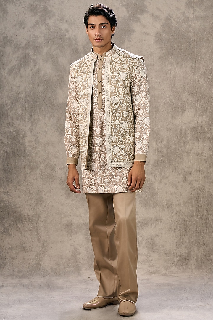 Beige Art Silk Thread Embroidered Jacket Set by Twamev at Pernia's Pop Up Shop