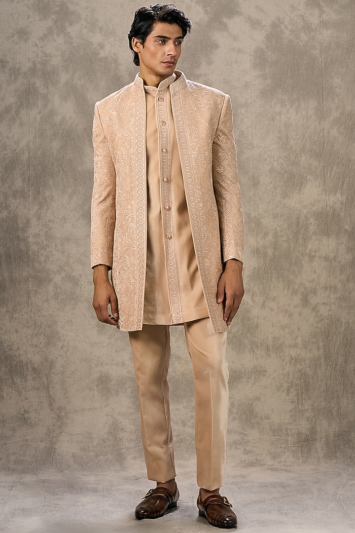 Fawn-Colored Velvet Thread Embroidered Indo Western Set by Twamev at Pernia's Pop Up Shop