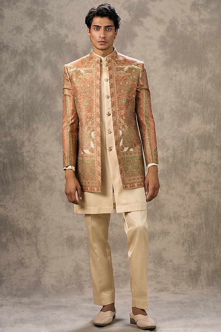 Orange Art Silk Thread Embroidered Wedding Indowestern Set by Twamev at Pernia's Pop Up Shop