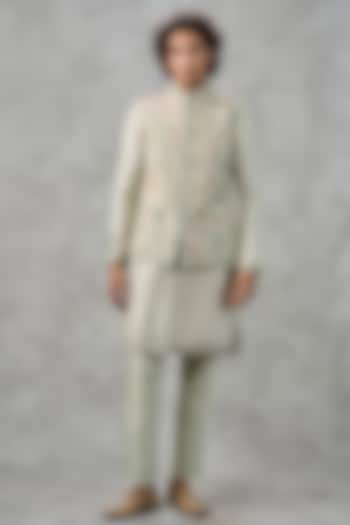 Green Art Silk Thread Embroidered Bundi Jacket Set by Twamev at Pernia's Pop Up Shop