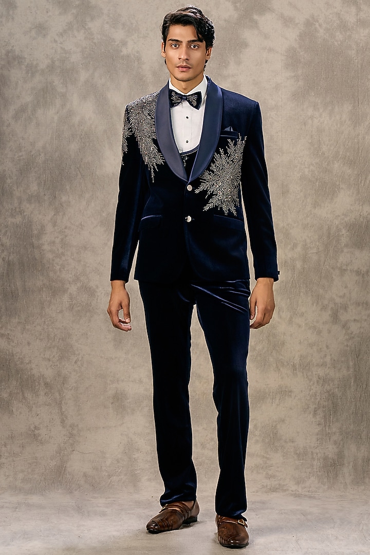 Blue Velvet Beadwork Blazer Set by Twamev at Pernia's Pop Up Shop