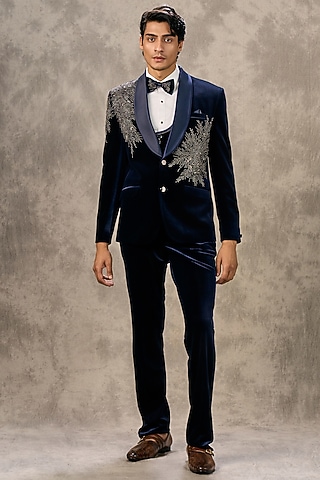 Blue Velvet Beadwork Blazer Set by Twamev