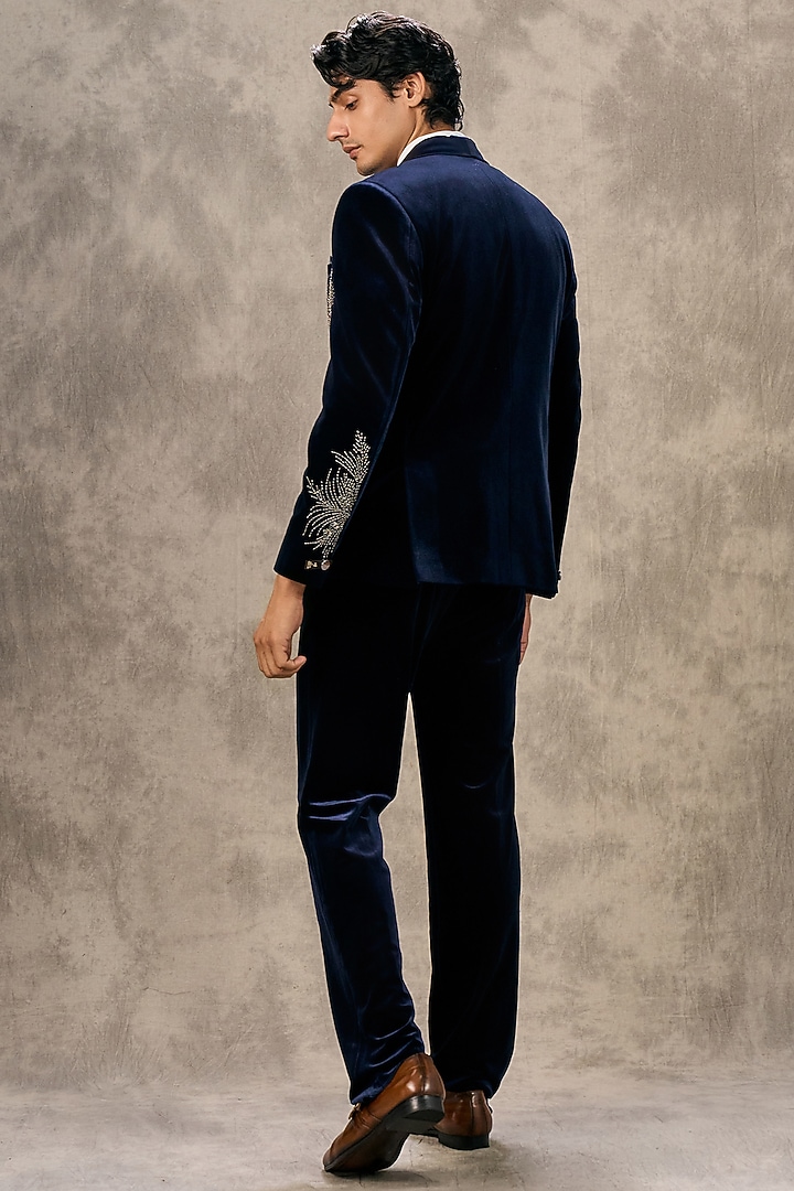 Blue Velvet Beadwork Blazer Set by Twamev at Pernia's Pop Up Shop