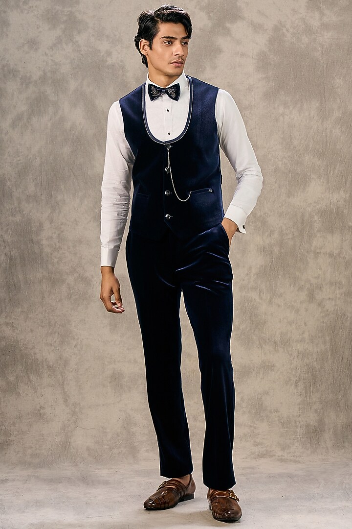 Blue Velvet Beadwork Blazer Set by Twamev at Pernia's Pop Up Shop