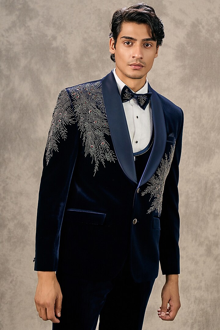 Blue Velvet Beadwork Blazer Set by Twamev at Pernia's Pop Up Shop