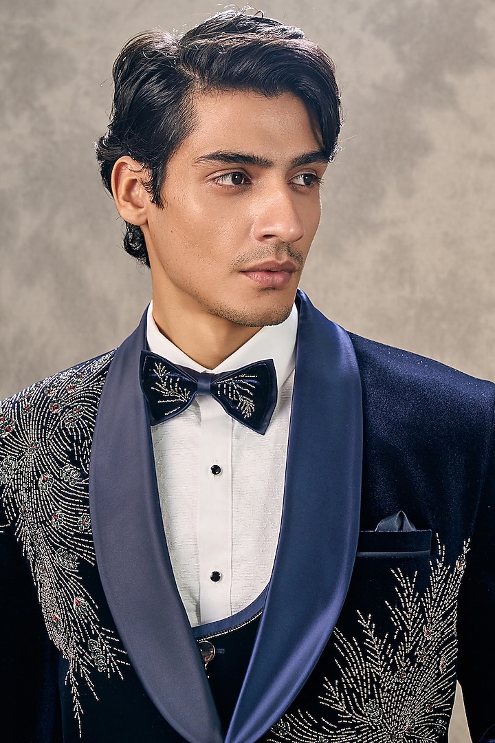 Blue Velvet Beadwork Blazer Set by Twamev at Pernia's Pop Up Shop