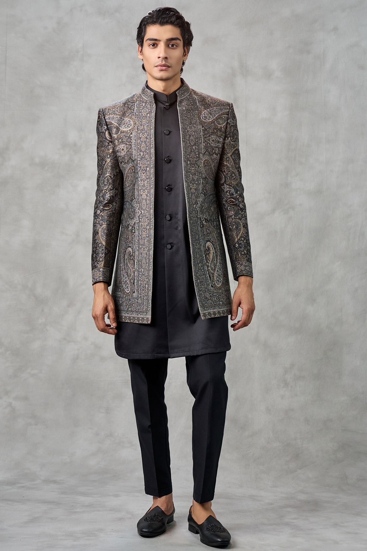 Twamev Black Brocade Thread Embroidered Jacket Set