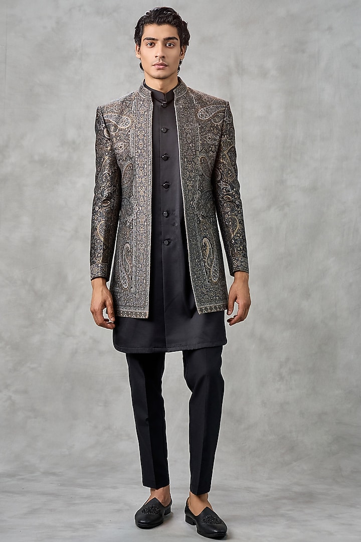 Black Brocade Thread Embroidered Jacket Set by Twamev at Pernia's Pop Up Shop