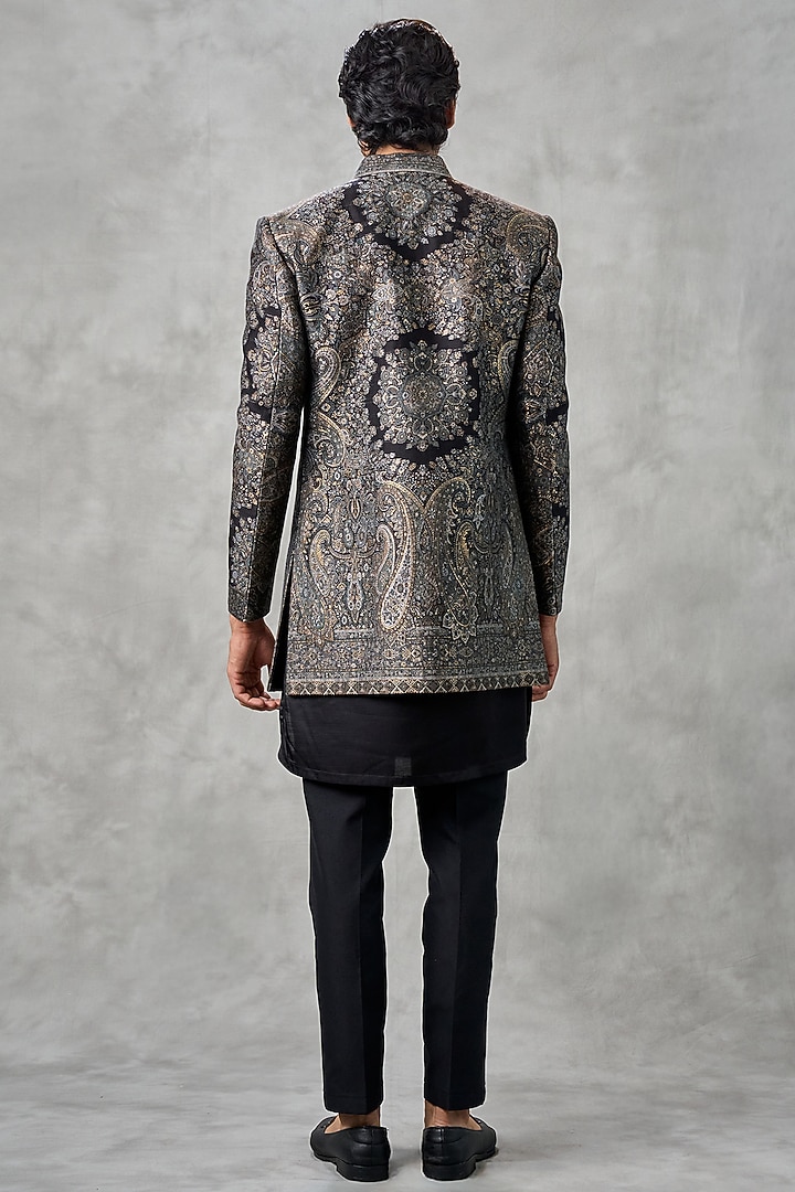 Black Brocade Thread Embroidered Jacket Set by Twamev at Pernia's Pop Up Shop