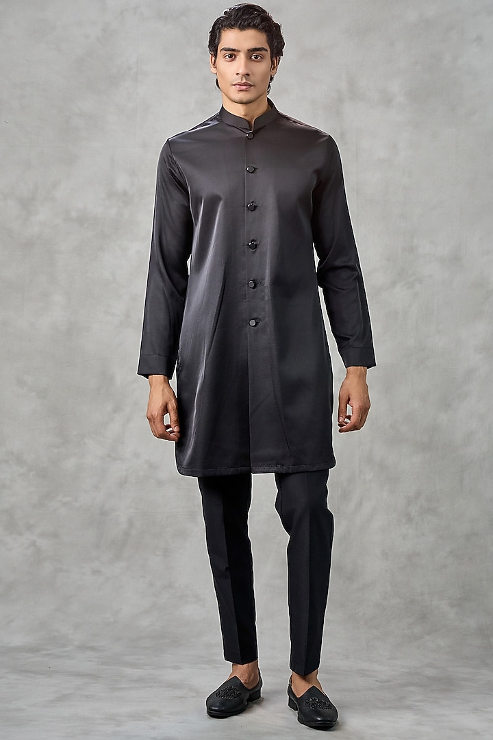 Black Brocade Thread Embroidered Jacket Set by Twamev at Pernia's Pop Up Shop