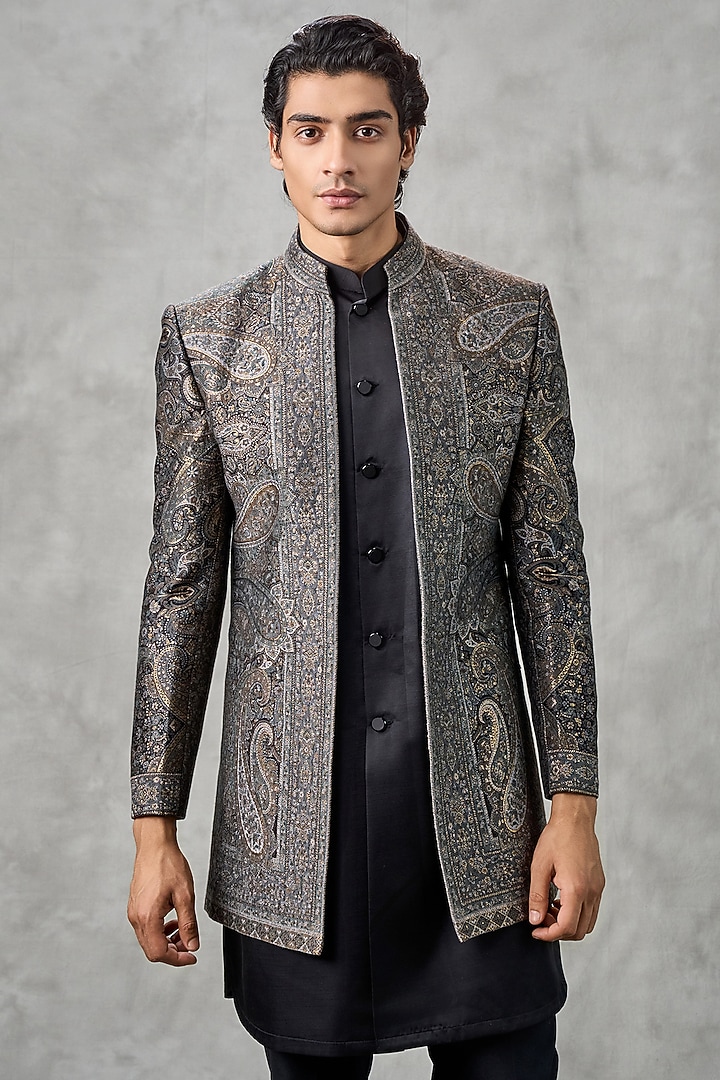 Black Brocade Thread Embroidered Jacket Set by Twamev at Pernia's Pop Up Shop