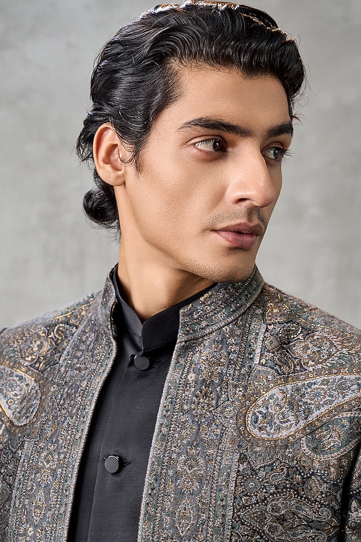 Black Brocade Thread Embroidered Jacket Set by Twamev at Pernia's Pop Up Shop