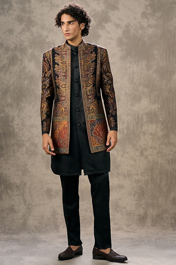 Black Brocade Thread Embroidered Jacket Set by Twamev at Pernia's Pop Up Shop