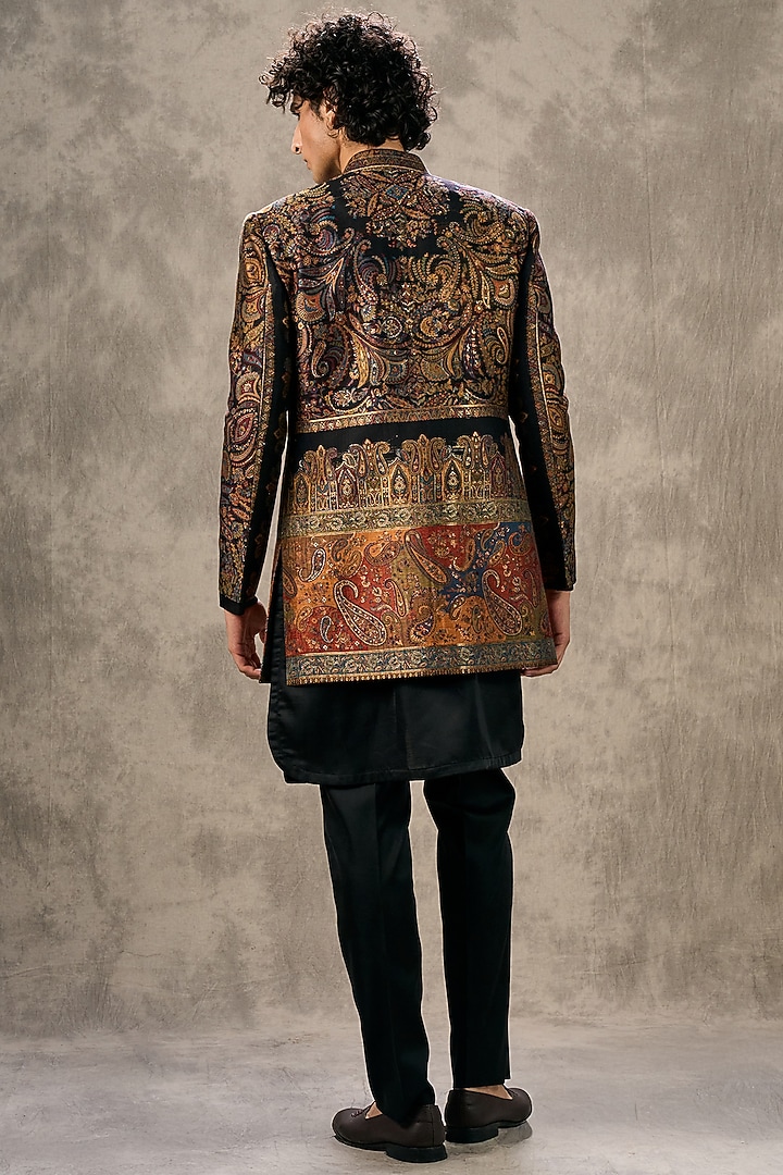 Black Brocade Thread Embroidered Jacket Set by Twamev at Pernia's Pop Up Shop