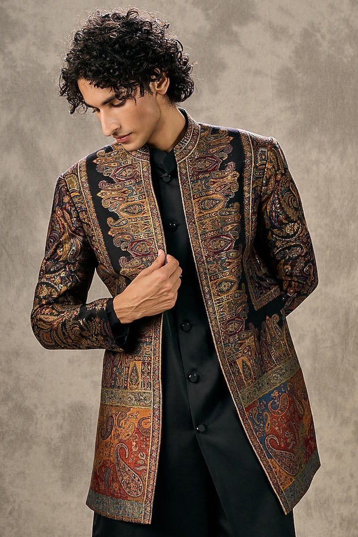 Black Brocade Thread Embroidered Jacket Set by Twamev at Pernia's Pop Up Shop