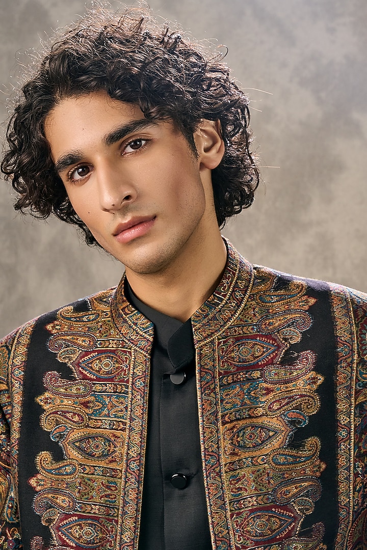 Black Brocade Thread Embroidered Jacket Set by Twamev at Pernia's Pop Up Shop