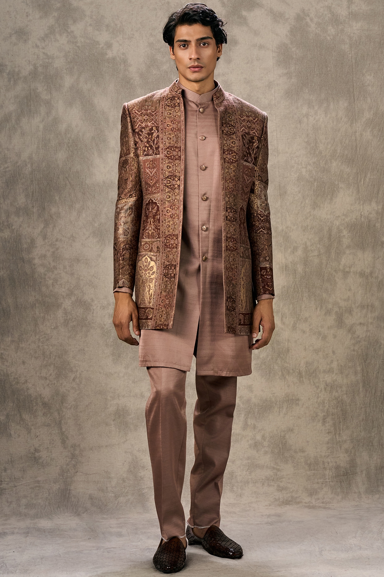 Twamev Brown Brocade Thread Embroidered Jacket Set