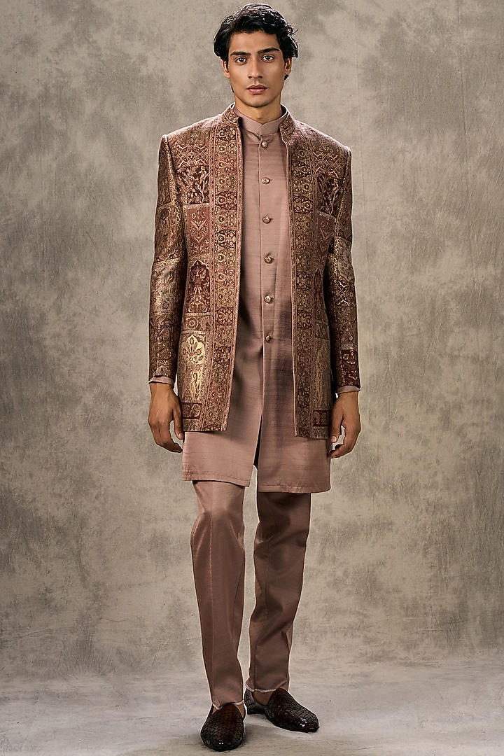 Brown Brocade Thread Embroidered Jacket Set by Twamev at Pernia's Pop Up Shop