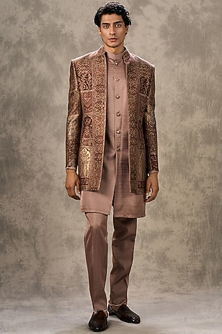 Brown Brocade Thread Embroidered Jacket Set by Twamev