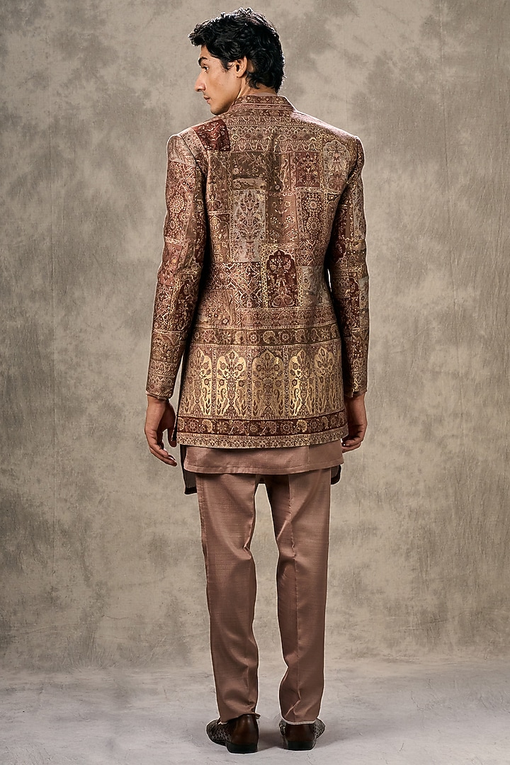 Brown Brocade Thread Embroidered Jacket Set by Twamev at Pernia's Pop Up Shop
