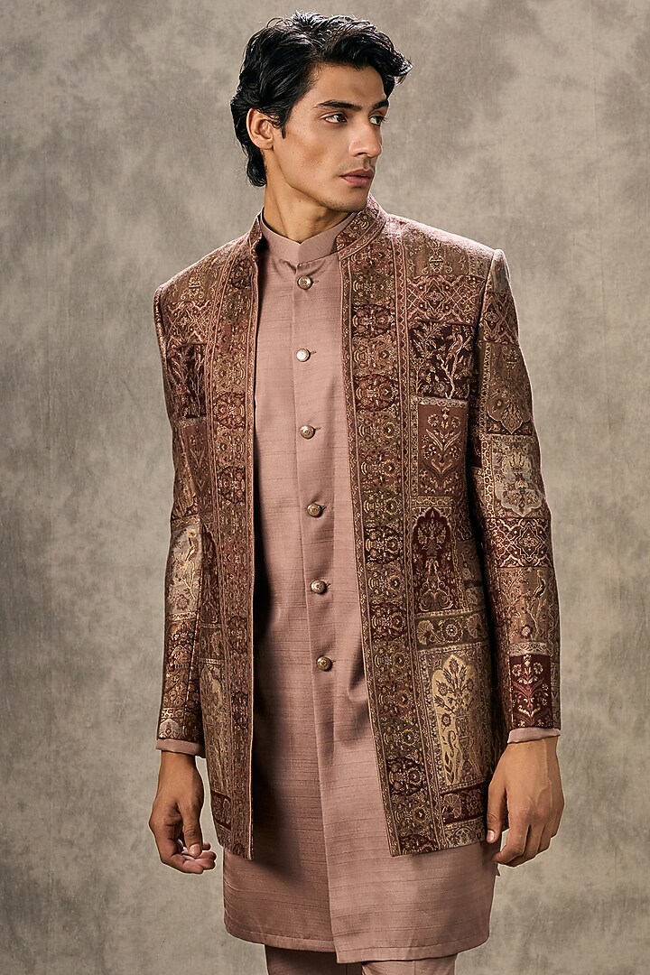 Brown Brocade Thread Embroidered Jacket Set by Twamev at Pernia's Pop Up Shop