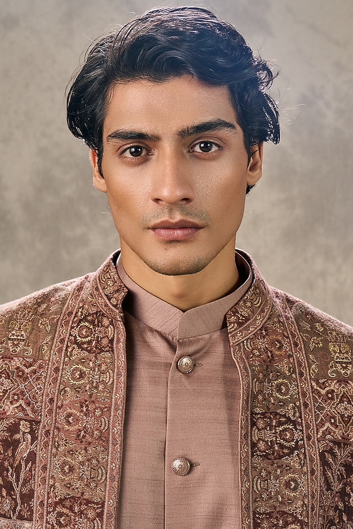 Brown Brocade Thread Embroidered Jacket Set by Twamev at Pernia's Pop Up Shop