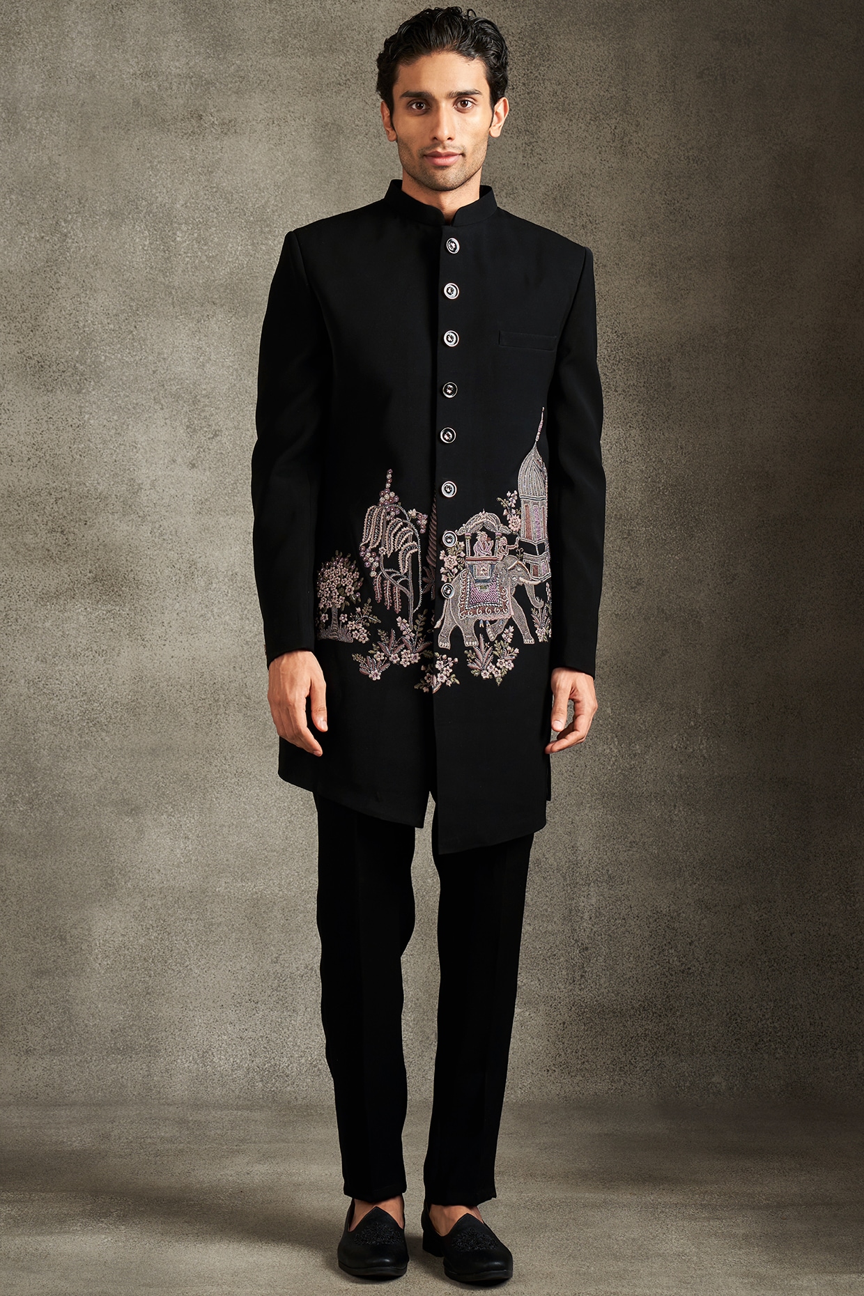 Twamev Black Blended Rayon Thread Embroidered Indowestern Set