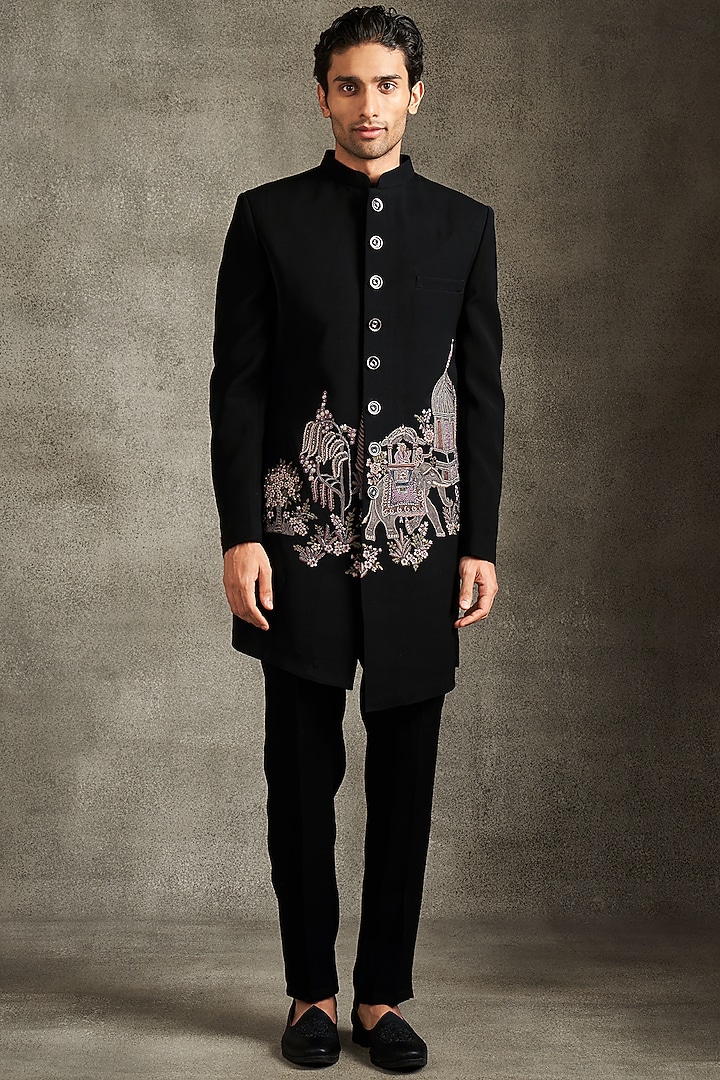 Black Blended Rayon Thread Embroidered Wedding Indowestern Set by Twamev at Pernia's Pop Up Shop
