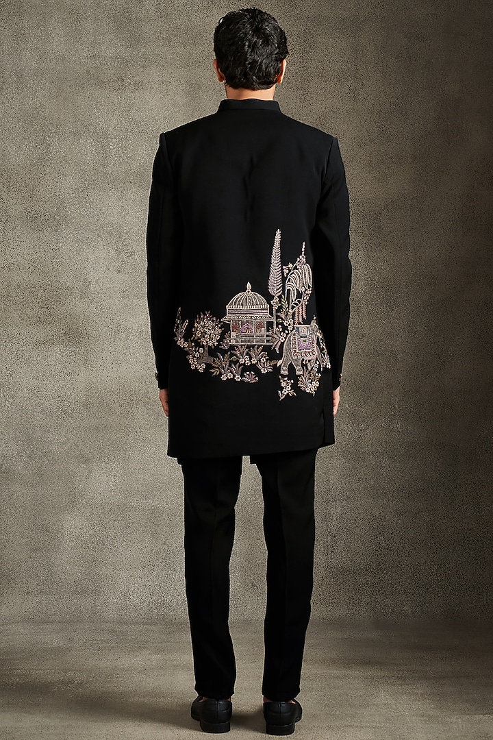 Black Blended Rayon Thread Embroidered Wedding Indowestern Set by Twamev at Pernia's Pop Up Shop