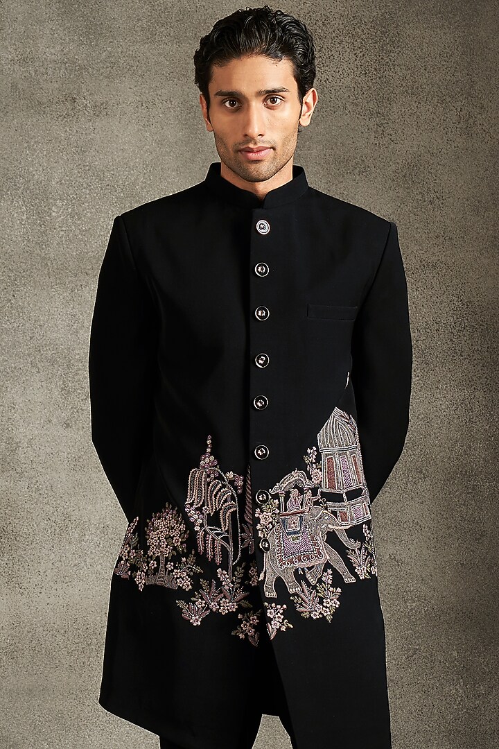 Black Blended Rayon Thread Embroidered Wedding Indowestern Set by Twamev at Pernia's Pop Up Shop