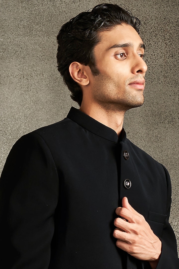 Black Blended Rayon Thread Embroidered Wedding Indowestern Set by Twamev at Pernia's Pop Up Shop