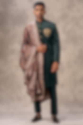 Dark Green Velvet Beadwork Wedding Sherwani Set by Twamev at Pernia's Pop Up Shop