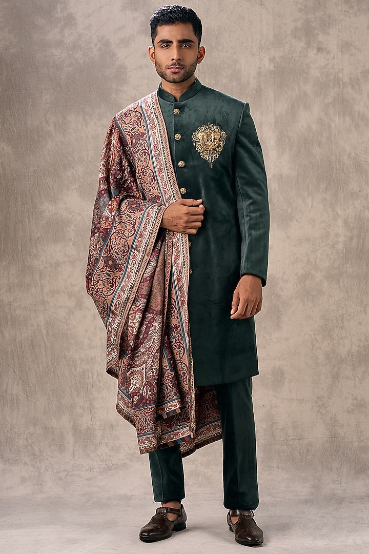 Dark Green Velvet Beadwork Wedding Sherwani Set by Twamev at Pernia's Pop Up Shop