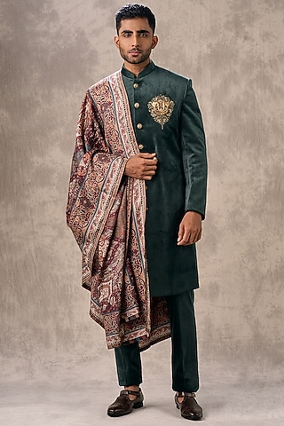 Dark Green Velvet Beadwork Sherwani Set by Twamev