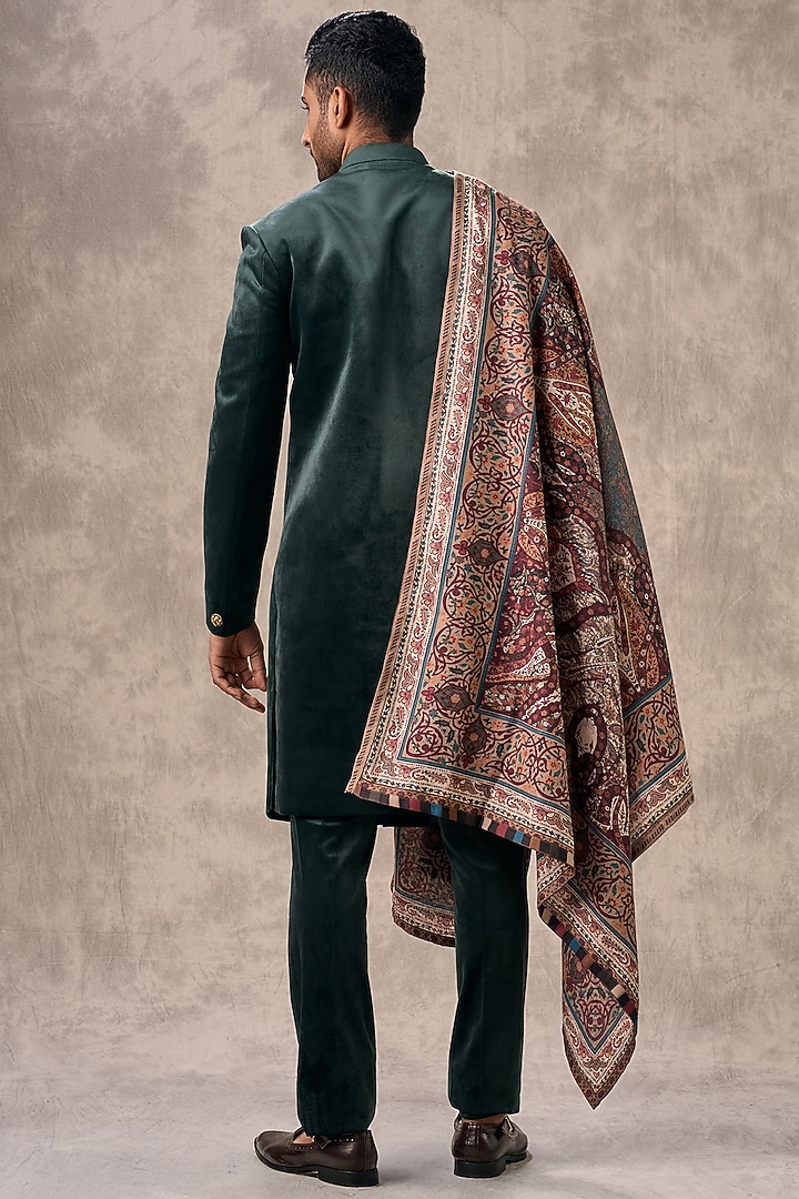 Dark Green Velvet Beadwork Wedding Sherwani Set by Twamev at Pernia's Pop Up Shop