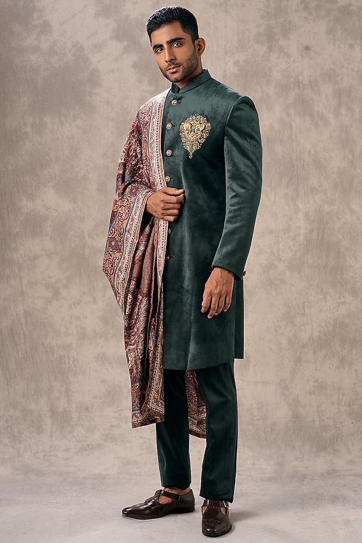 Dark Green Velvet Beadwork Wedding Sherwani Set by Twamev at Pernia's Pop Up Shop