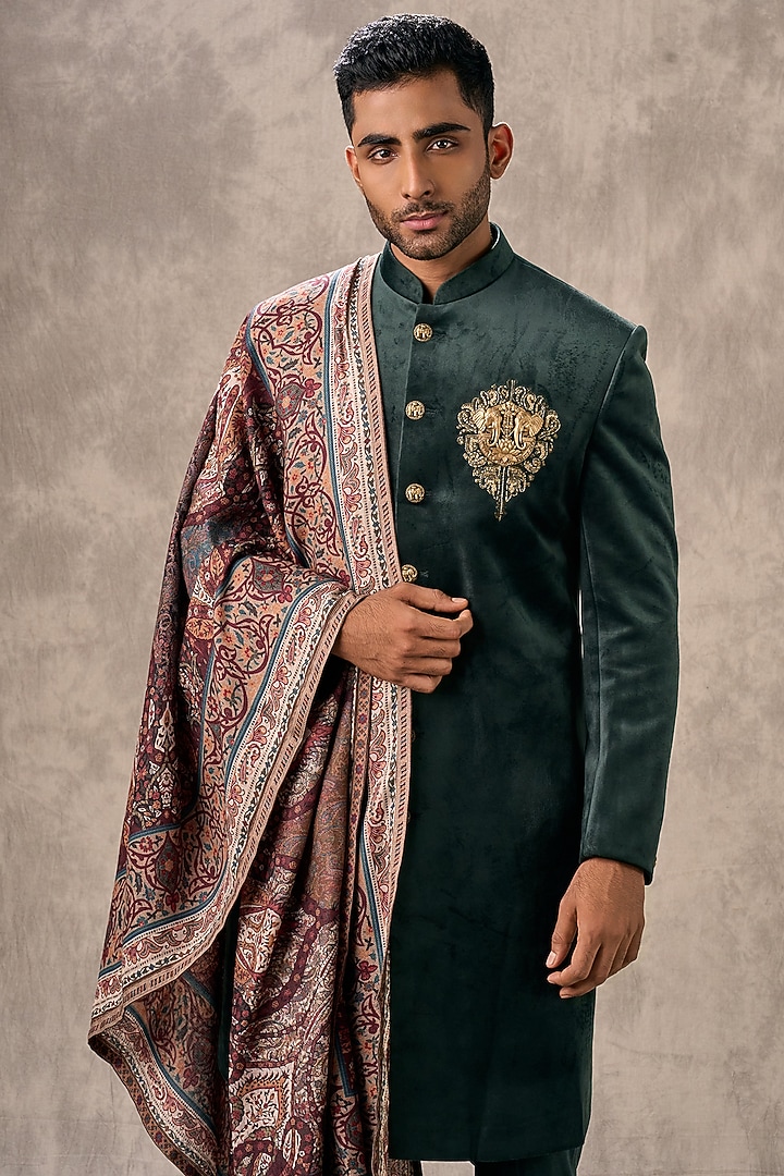 Dark Green Velvet Beadwork Wedding Sherwani Set by Twamev at Pernia's Pop Up Shop
