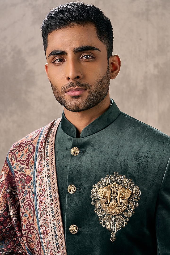 Dark Green Velvet Beadwork Wedding Sherwani Set by Twamev at Pernia's Pop Up Shop