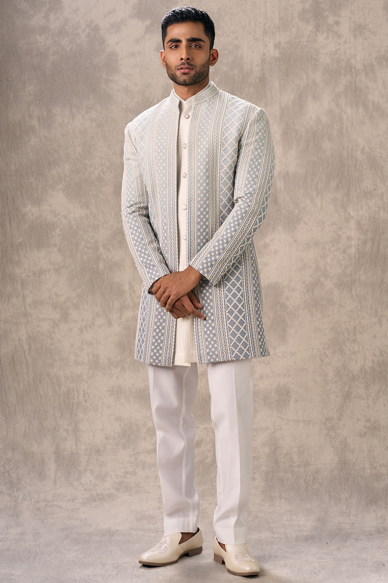 Twamev Light Blue Georgette Thread Embroidered Indowestern Set