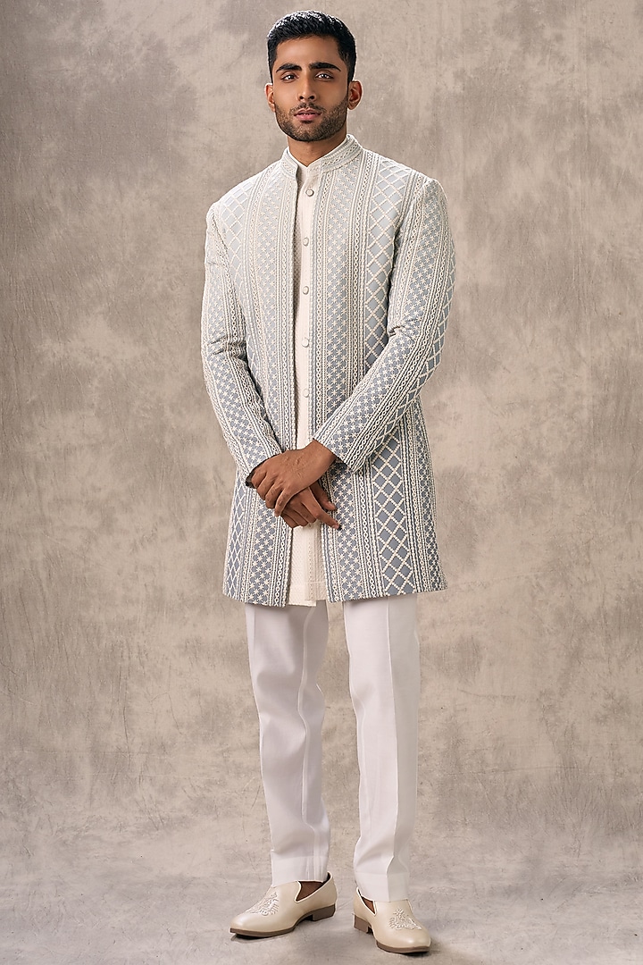 Light Blue Georgette Thread Embroidered Wedding Indowestern Set by Twamev at Pernia's Pop Up Shop