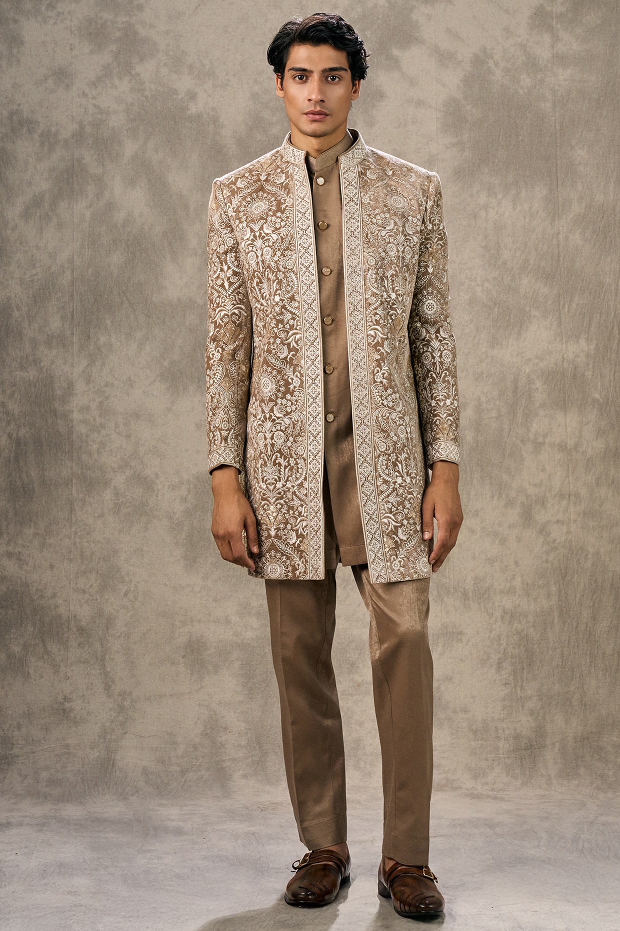 Twamev Fawn-Colored Velvet Thread Embroidered Indowestern Set