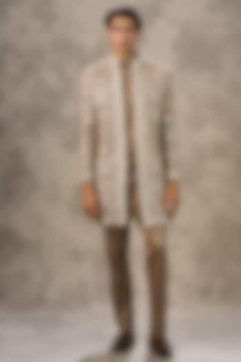 Fawn-Colored Velvet Thread Embroidered Wedding Indowestern Set by Twamev at Pernia's Pop Up Shop